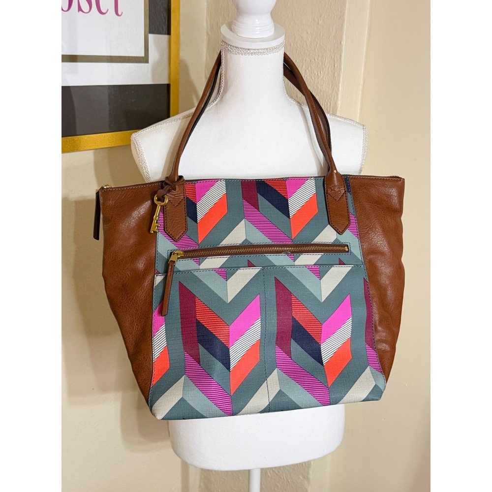 Fossil Sydney Shopper Tote Bag Brown Leather Geometric Chevron Multicolor ZB5894